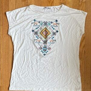 Ukrainian White Short Sleeve Tee with Multicolor Embroidered Geometric Motif